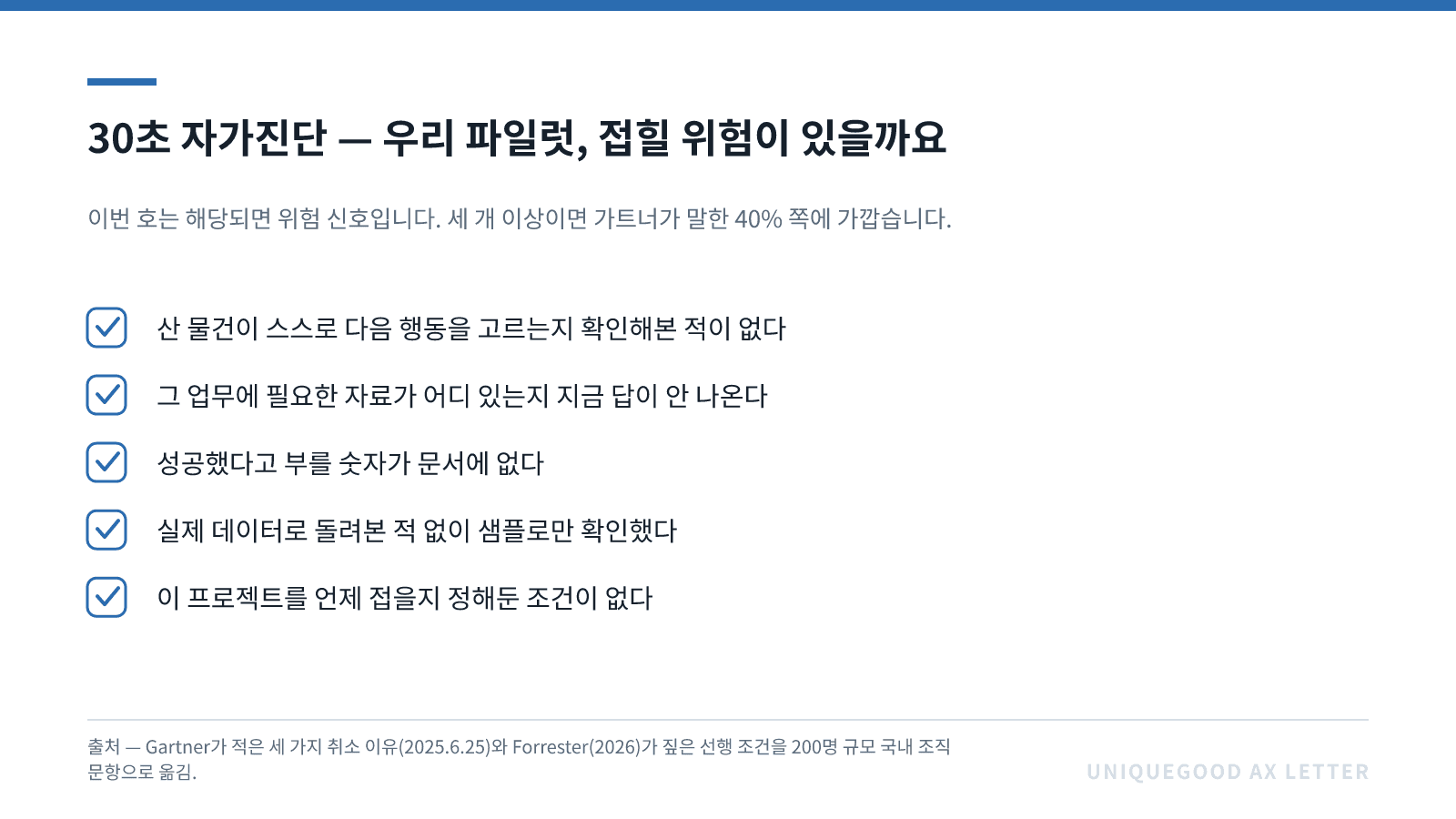 이미지 5. 30초 자가진단 — 우리 파일럿, 접힐 위험이 있을까요. Gartner가 적은 세 가지 취소 이유(2025.6.25)와 Forrester(2026)가 짚은 선행 조건을 200명 규모 국내 조직 문항으로 옮겼습니다. 이번 호는 해당되면 위험 신호입니다.